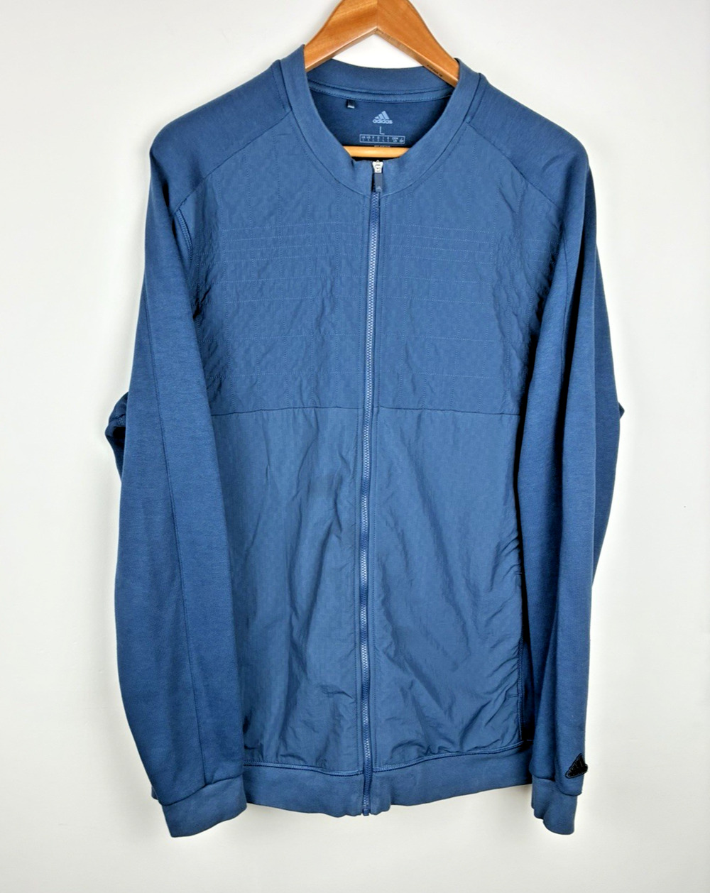 Adidas Men’s L Blue Full Zip Jacket Mixed Media Bomber Athletic Casual Travel